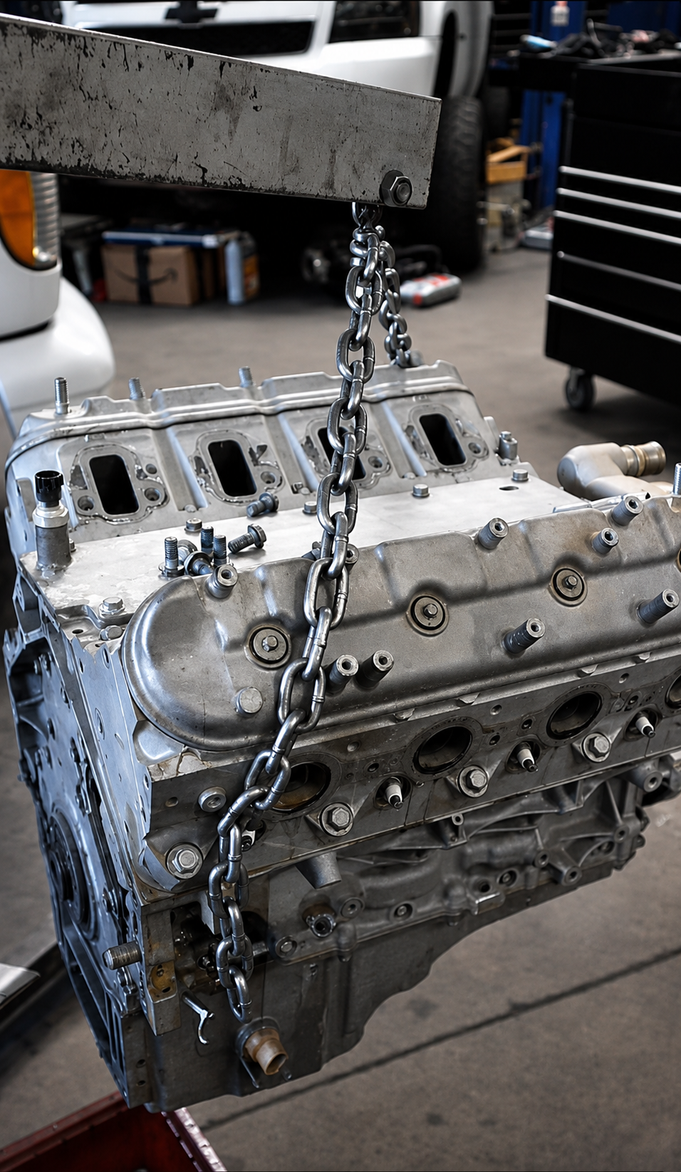 Engine block on chain hoist at MJM Engines